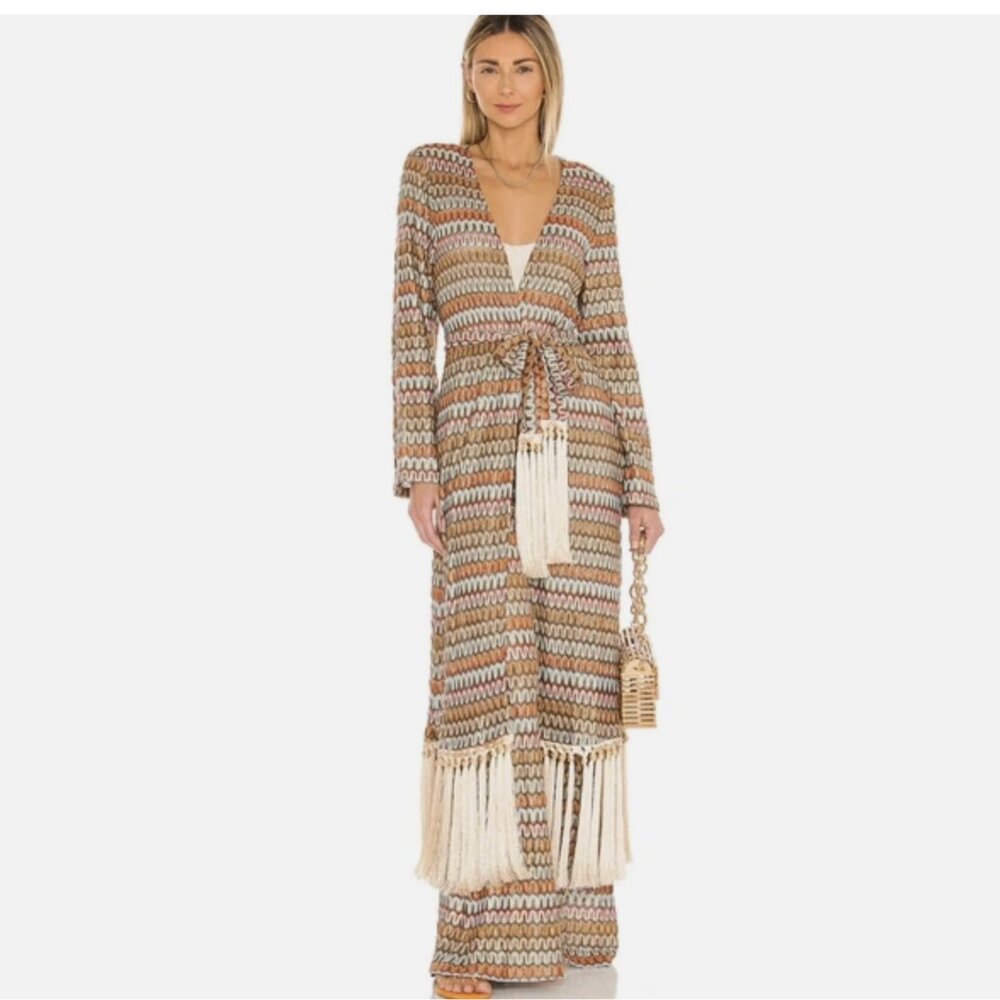 Alexis Geniste Fringe Chevron Kimono Robe Duster Maxi Dress - Picture 3 of 7